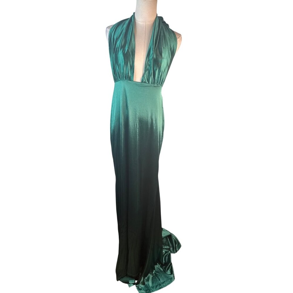 New Miss Ord Emerald Large Green Satin Halter Gown Tie & Plunging Neckline - Picture 8 of 14